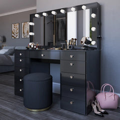 Wilson Extra-Large Makeup Vanity with Bluetooth With LED Lights USB Ports Power Outlet and 11 Spacious Drawers