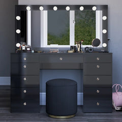 Wilson Extra-Large Makeup Vanity with Bluetooth With LED Lights USB Ports Power Outlet and 11 Spacious Drawers