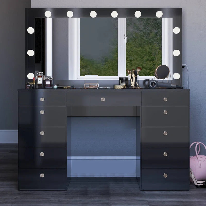 Wilson Extra-Large Makeup Vanity with Bluetooth With LED Lights USB Ports Power Outlet and 11 Spacious Drawers