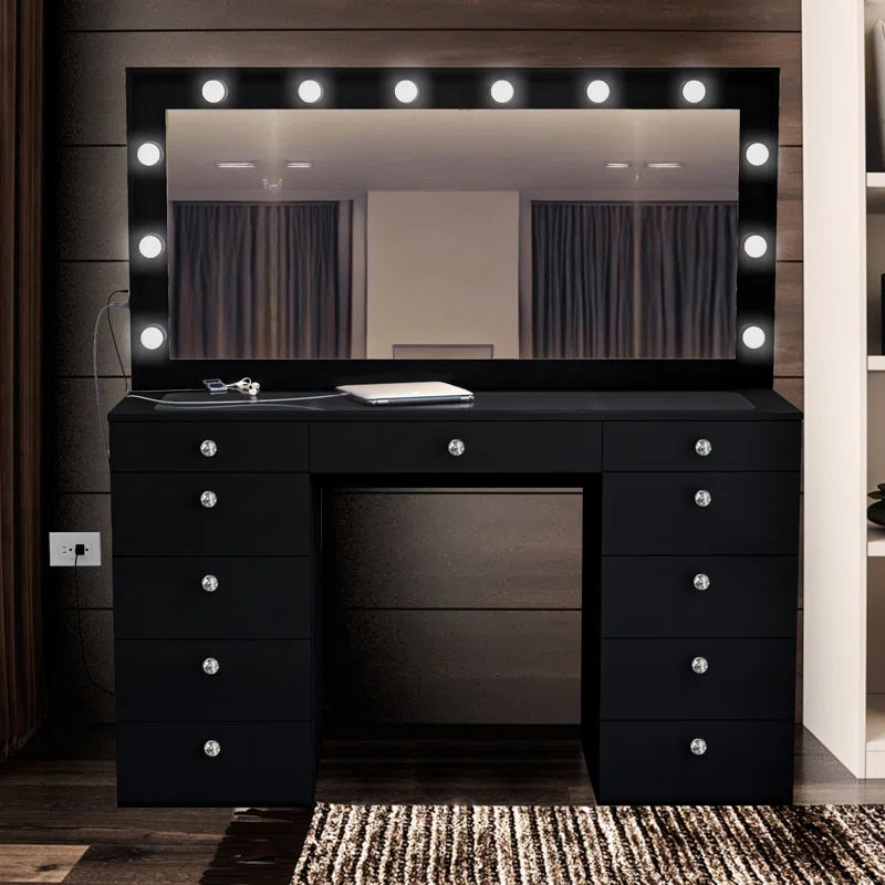 Wilson Extra-Large Makeup Vanity with Bluetooth With LED Lights USB Ports Power Outlet and 11 Spacious Drawers