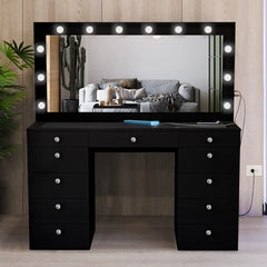 Wilson Extra-Large Makeup Vanity with Bluetooth With LED Lights USB Ports Power Outlet and 11 Spacious Drawers