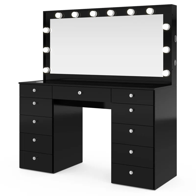 Wilson Extra-Large Makeup Vanity with Bluetooth With LED Lights USB Ports Power Outlet and 11 Spacious Drawers