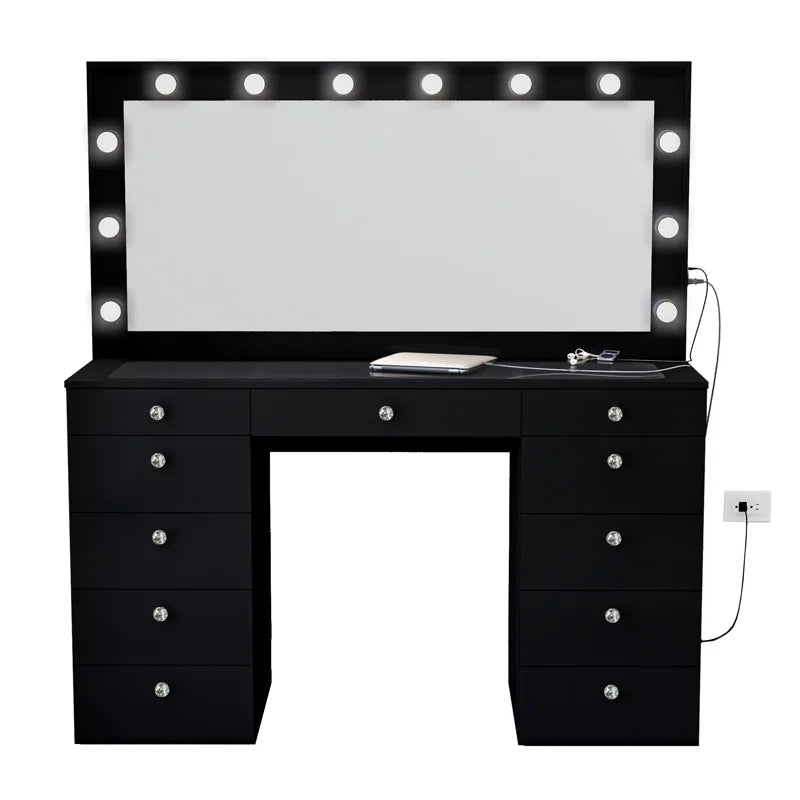 Wilson Extra-Large Makeup Vanity with Bluetooth With LED Lights USB Ports Power Outlet and 11 Spacious Drawers