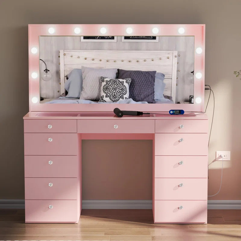 Wilson Extra-Large Makeup Vanity with Bluetooth With LED Lights USB Ports Power Outlet and 11 Spacious Drawers