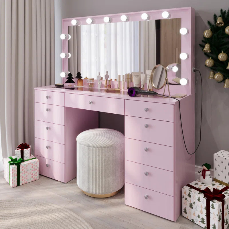 Wilson Extra-Large Makeup Vanity with Bluetooth With LED Lights USB Ports Power Outlet and 11 Spacious Drawers