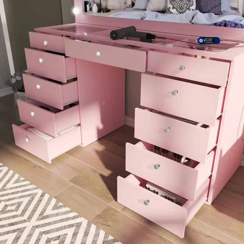 Wilson Extra-Large Makeup Vanity with Bluetooth With LED Lights USB Ports Power Outlet and 11 Spacious Drawers