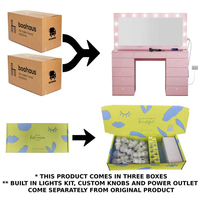 Wilson Extra-Large Makeup Vanity with Bluetooth With LED Lights USB Ports Power Outlet and 11 Spacious Drawers