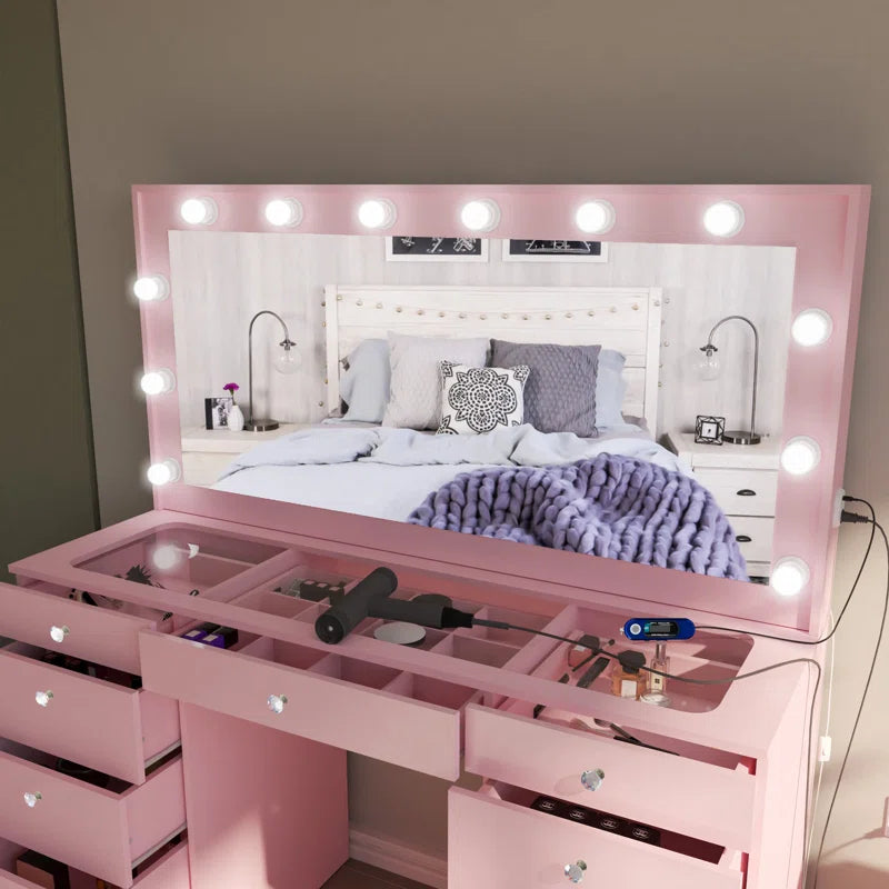 Wilson Extra-Large Makeup Vanity with Bluetooth With LED Lights USB Ports Power Outlet and 11 Spacious Drawers