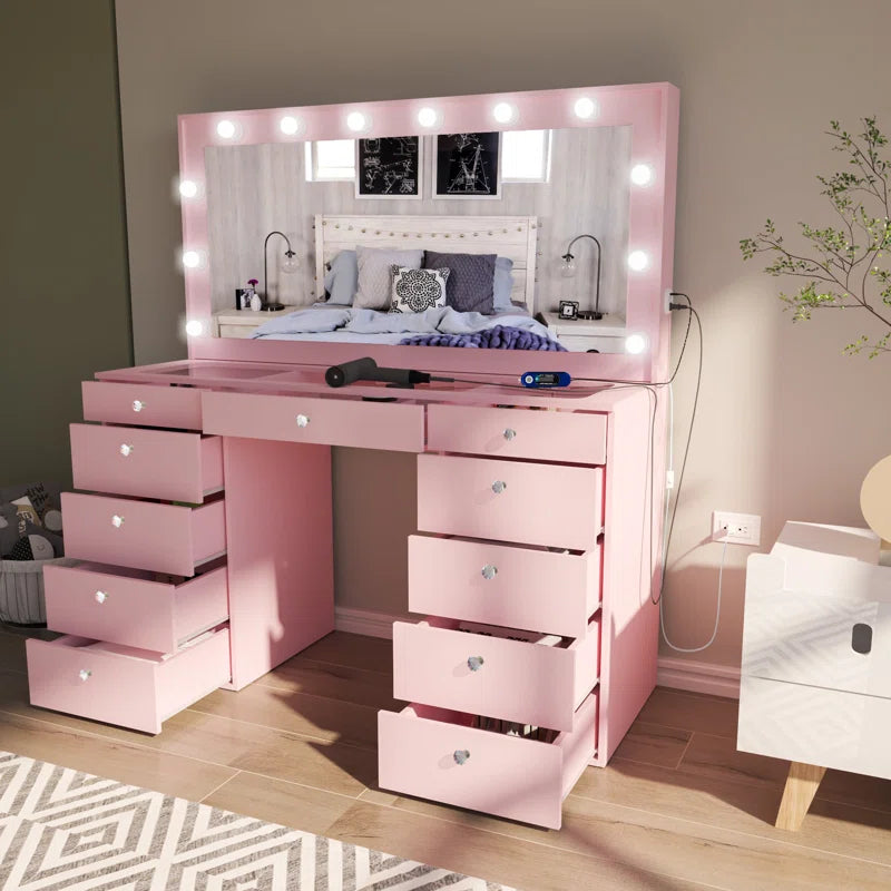 Wilson Extra-Large Makeup Vanity with Bluetooth With LED Lights USB Ports Power Outlet and 11 Spacious Drawers