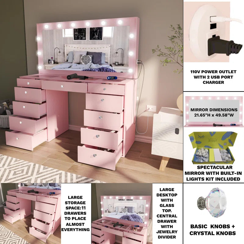 Wilson Extra-Large Makeup Vanity with Bluetooth With LED Lights USB Ports Power Outlet and 11 Spacious Drawers