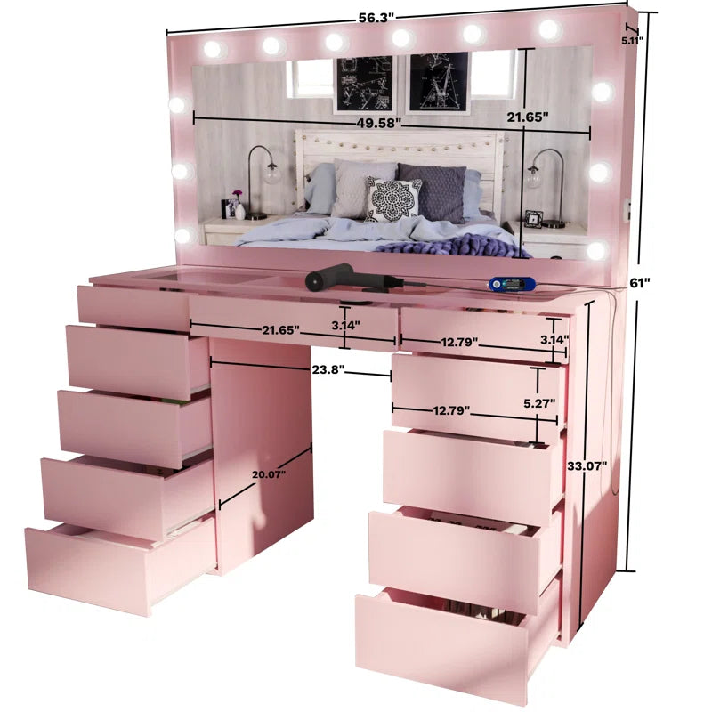 Wilson Extra-Large Makeup Vanity with Bluetooth With LED Lights USB Ports Power Outlet and 11 Spacious Drawers