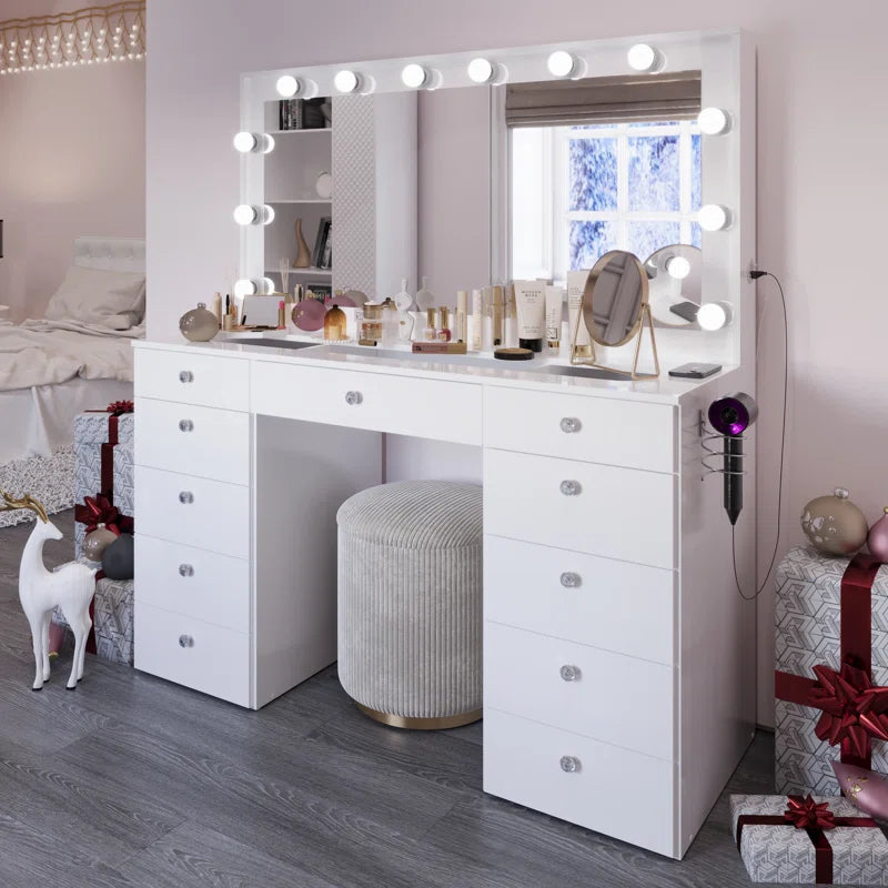 Wilson Extra-Large Makeup Vanity with Bluetooth With LED Lights USB Ports Power Outlet and 11 Spacious Drawers