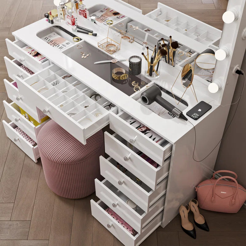 Wilson Extra-Large Makeup Vanity with Bluetooth With LED Lights USB Ports Power Outlet and 11 Spacious Drawers