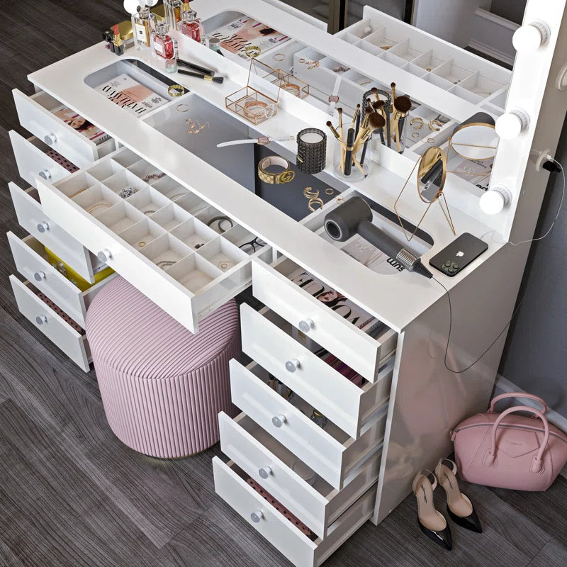 Wilson Extra-Large Makeup Vanity with Bluetooth With LED Lights USB Ports Power Outlet and 11 Spacious Drawers