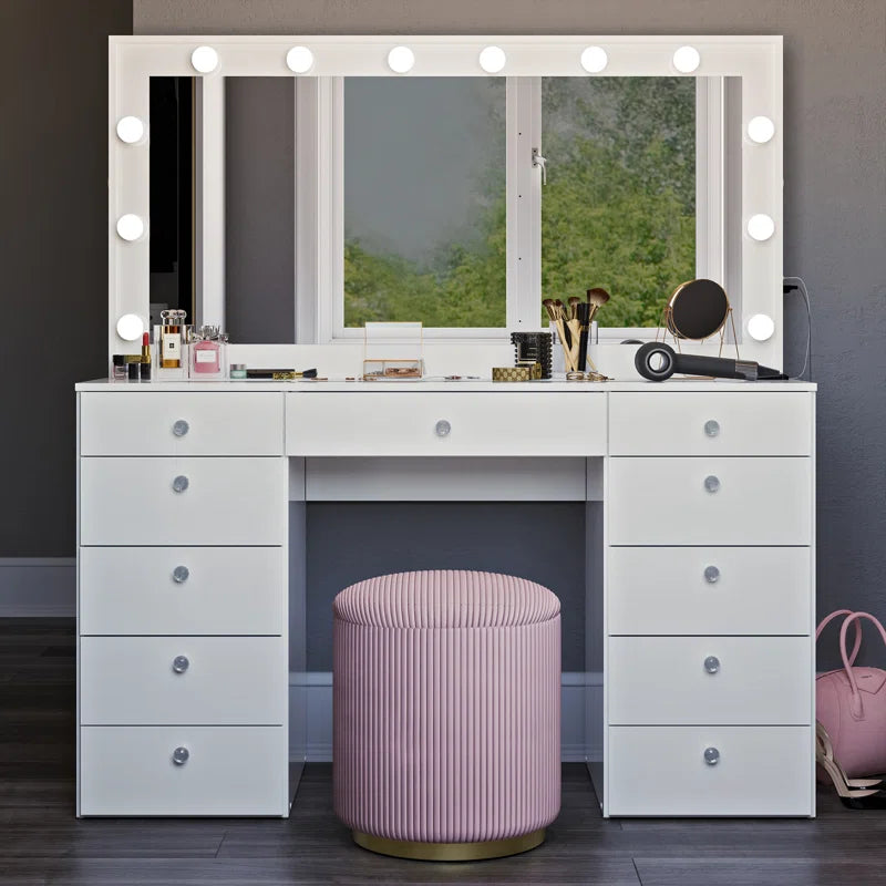 Wilson Extra-Large Makeup Vanity with Bluetooth With LED Lights USB Ports Power Outlet and 11 Spacious Drawers