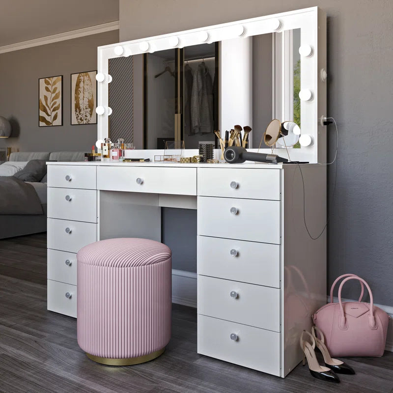Wilson Extra-Large Makeup Vanity with Bluetooth With LED Lights USB Ports Power Outlet and 11 Spacious Drawers