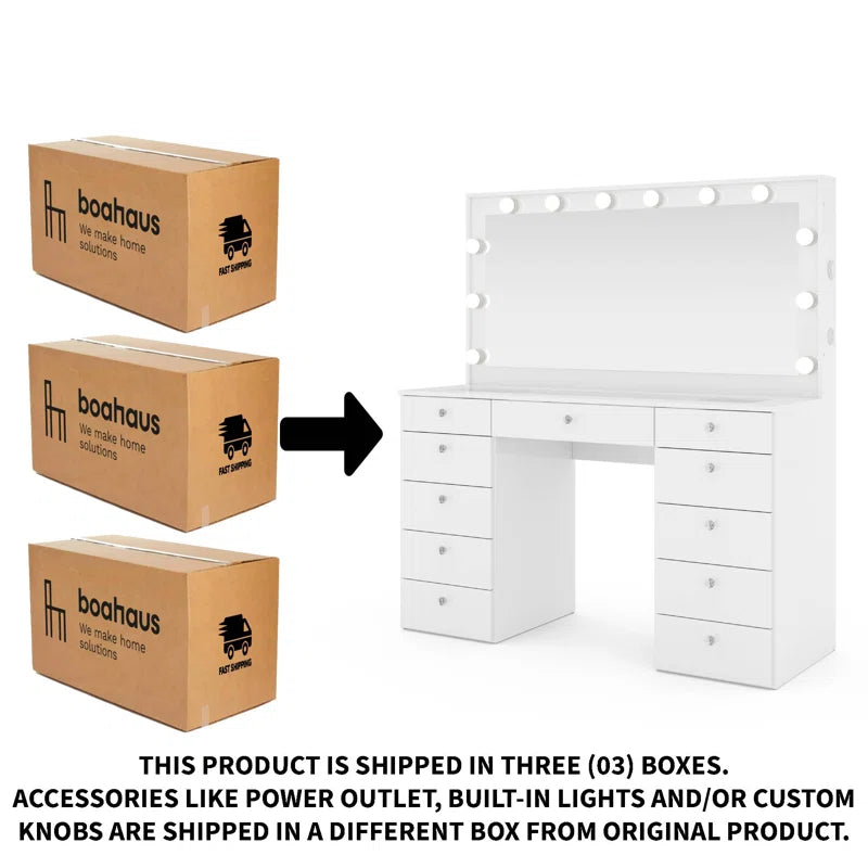 Wilson Extra-Large Makeup Vanity with Bluetooth With LED Lights USB Ports Power Outlet and 11 Spacious Drawers