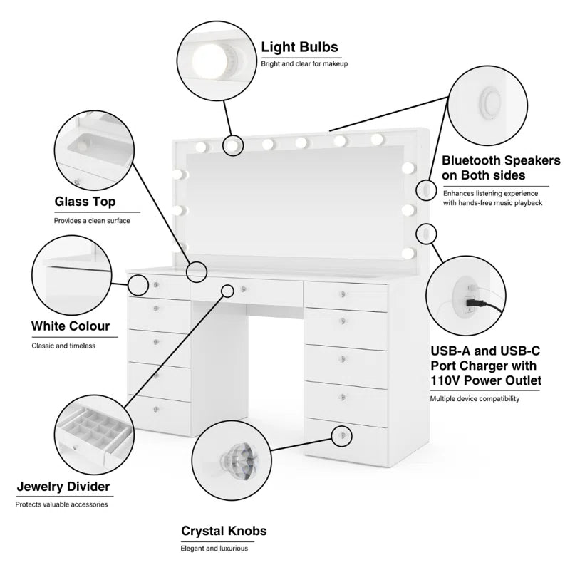 Wilson Extra-Large Makeup Vanity with Bluetooth With LED Lights USB Ports Power Outlet and 11 Spacious Drawers