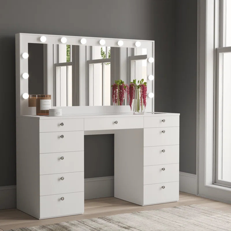 Wilson Extra-Large Makeup Vanity with Bluetooth With LED Lights USB Ports Power Outlet and 11 Spacious Drawers