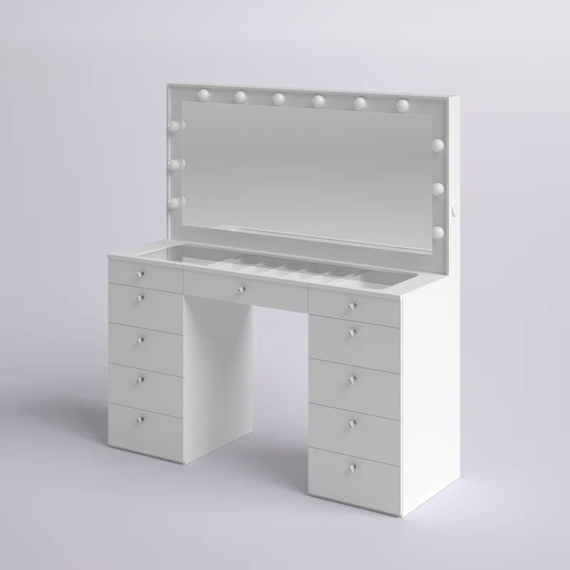 Wilson Extra-Large Makeup Vanity with Bluetooth With LED Lights USB Ports Power Outlet and 11 Spacious Drawers
