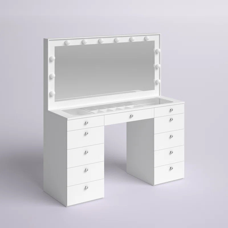 Wilson Extra-Large Makeup Vanity with Bluetooth With LED Lights USB Ports Power Outlet and 11 Spacious Drawers