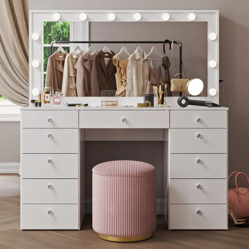 Wilson Extra-Large Makeup Vanity with Bluetooth With LED Lights USB Ports Power Outlet and 11 Spacious Drawers