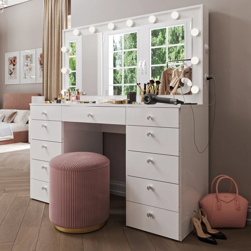 Wilson Extra-Large Makeup Vanity with Bluetooth With LED Lights USB Ports Power Outlet and 11 Spacious Drawers