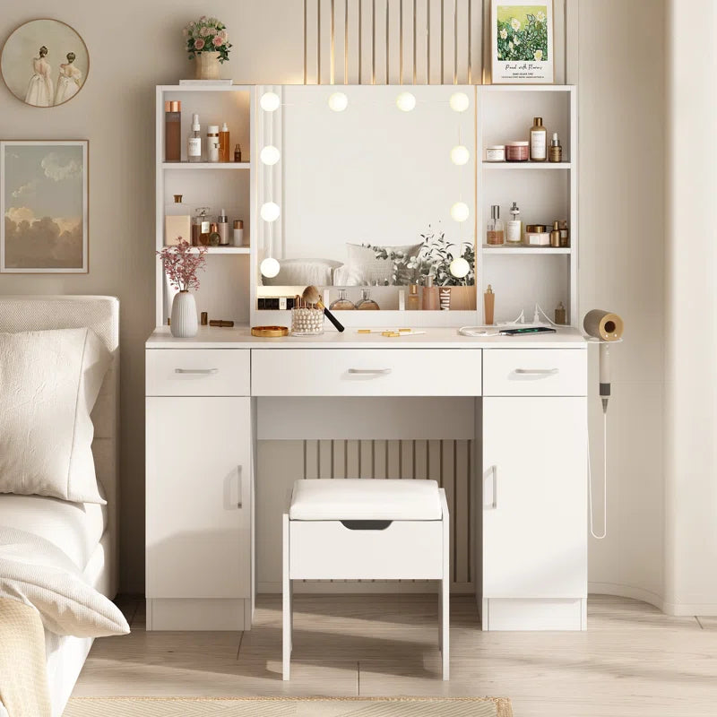 Fazpol White Vanity Dressing Table With Stool - Wooden Bazar