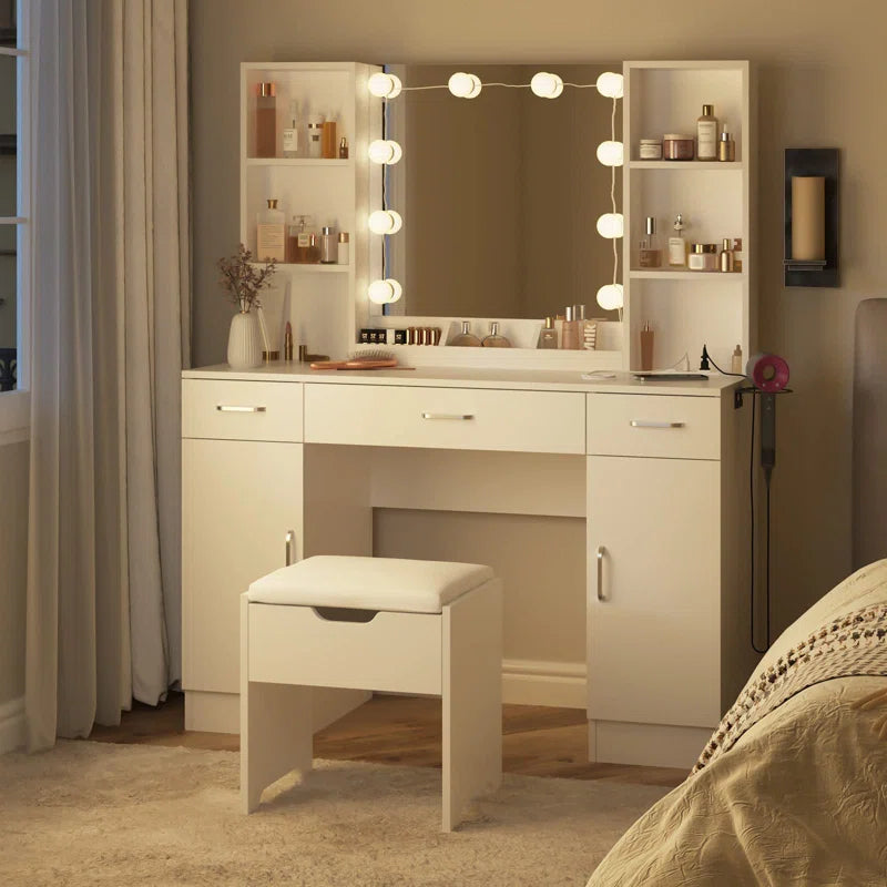 Fazpol White Vanity Dressing Table With Stool - Wooden Bazar