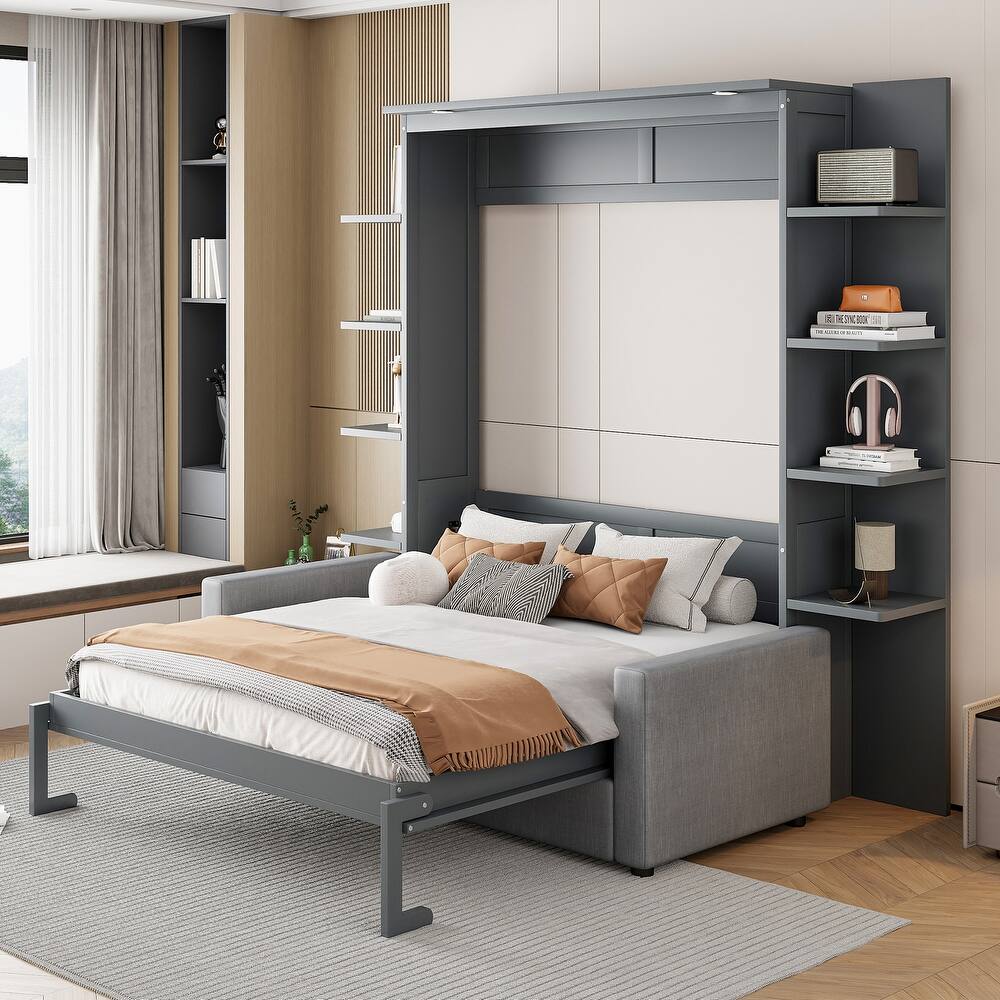 Shepron Queen Size Wooden Murphy Bed Wall Bed with Sofa