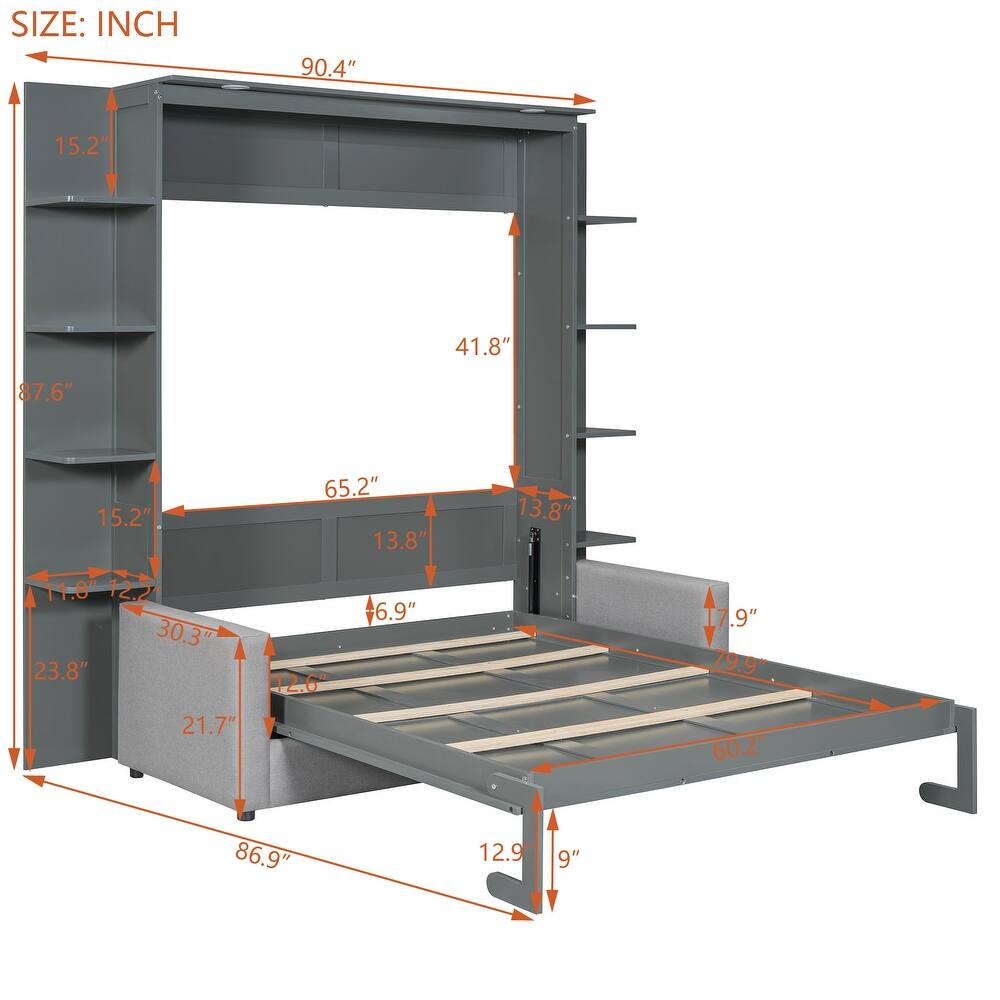 Shepron Queen Size Wooden Murphy Bed Wall Bed with Sofa