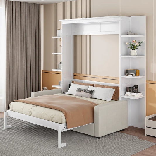 Linek Queen Size Murphy Bed Wall Bed with White Sofa - Wooden Bazar