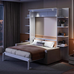 Linek Queen Size Murphy Bed Wall Bed with White Sofa - Wooden Bazar