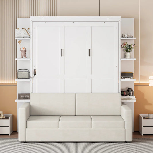 Linek Queen Size Murphy Bed Wall Bed with White Sofa - Wooden Bazar