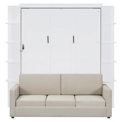 Linek Queen Size Murphy Bed Wall Bed with White Sofa - Wooden Bazar