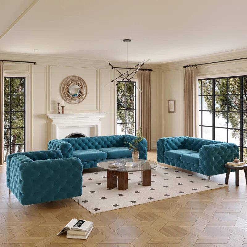 Reigatez 3 Piece Tufted Velvet Living Room Set with Chesterfield Chair & Loveseat & Sofa and Chrome Legs Luxury Sofa Set