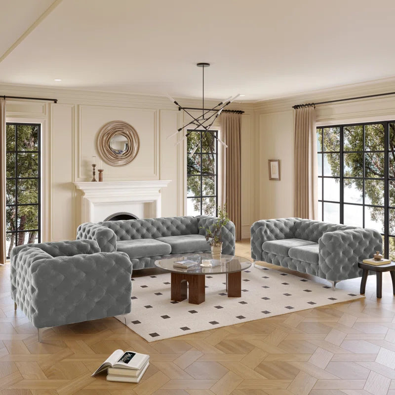 Reigatez 3 Piece Tufted Velvet Living Room Set with Chesterfield Chair & Loveseat & Sofa and Chrome Legs Luxury Sofa Set