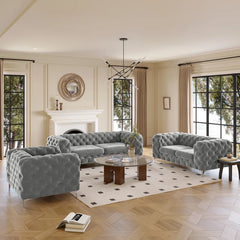 Reigatez 3 Piece Tufted Velvet Living Room Set with Chesterfield Chair & Loveseat & Sofa and Chrome Legs Luxury Sofa Set