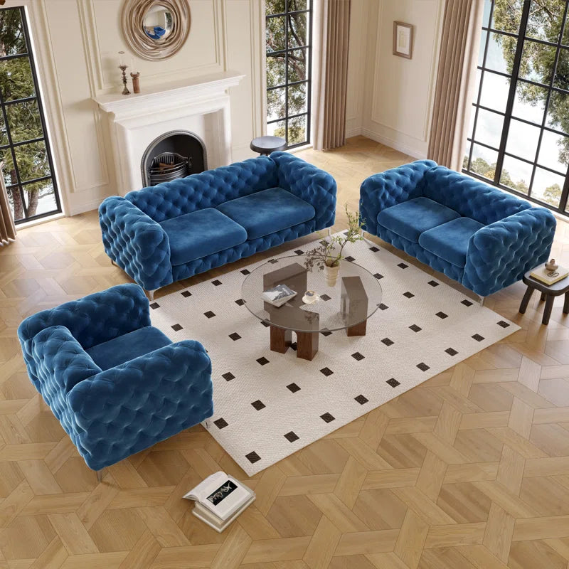 Reigatez 3 Piece Tufted Velvet Living Room Set with Chesterfield Chair & Loveseat & Sofa and Chrome Legs Luxury Sofa Set