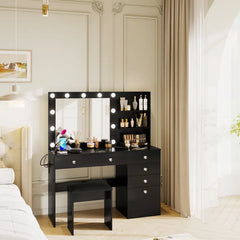 Flaxterate Makeup Vanity with Lighted Mirror Outlets and 6 Drawers