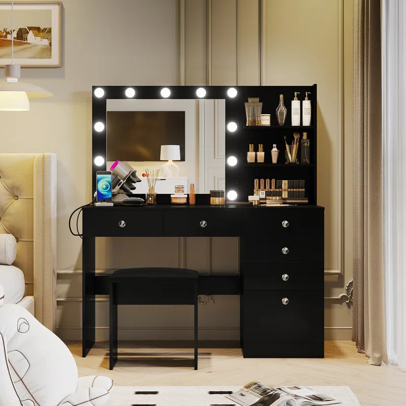 Flaxterate Makeup Vanity with Lighted Mirror Outlets and 6 Drawers