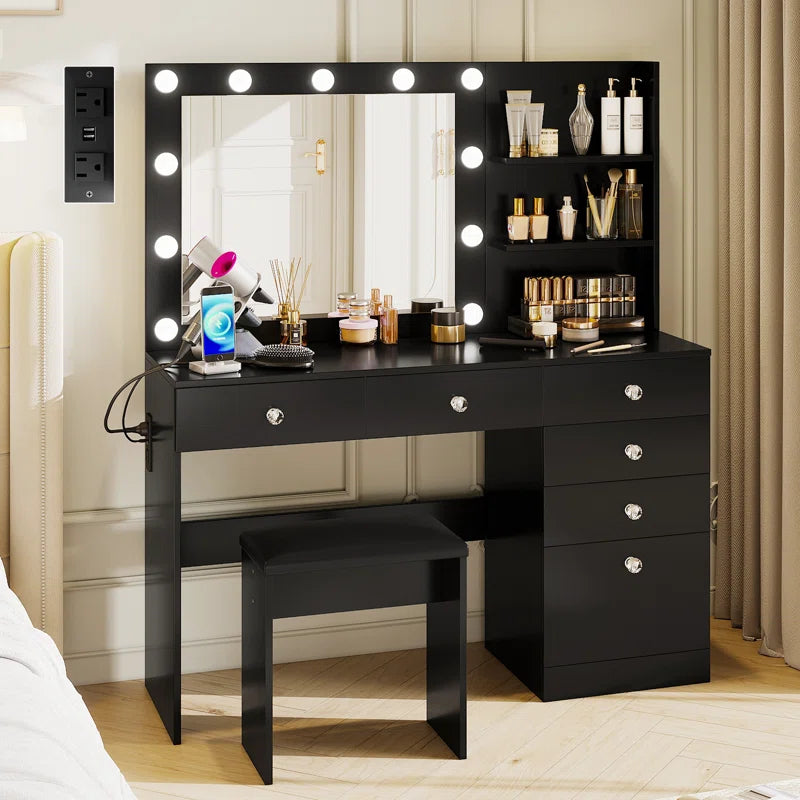 Flaxterate Makeup Vanity with Lighted Mirror Outlets and 6 Drawers