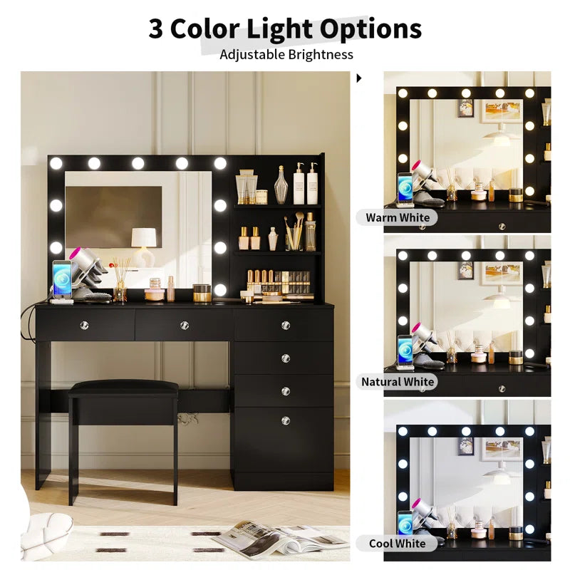 Flaxterate Makeup Vanity with Lighted Mirror Outlets and 6 Drawers