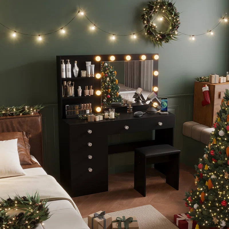 Flaxterate Makeup Vanity with Lighted Mirror Outlets and 6 Drawers