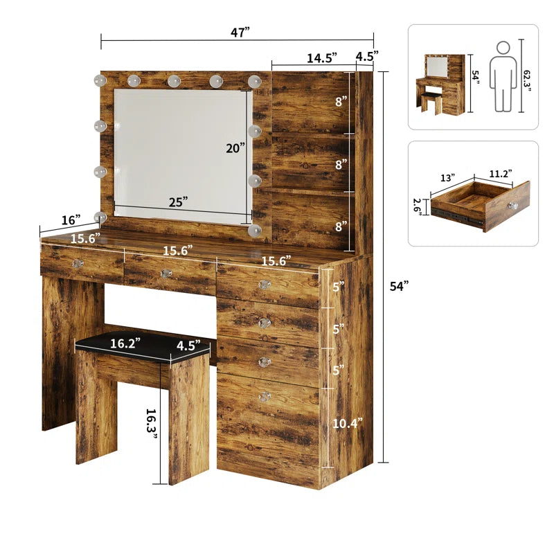 Flaxterate Makeup Vanity with Lighted Mirror Outlets and 6 Drawers