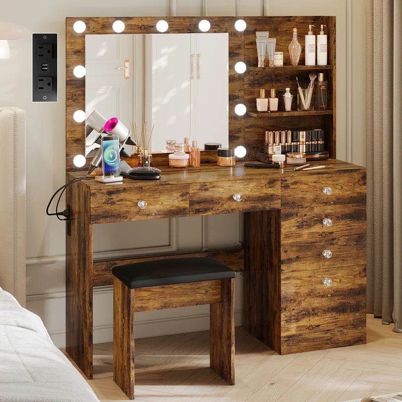 Flaxterate Makeup Vanity with Lighted Mirror Outlets and 6 Drawers