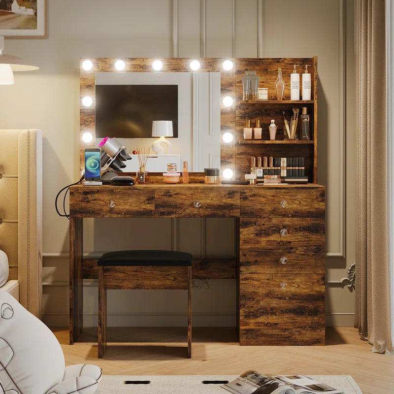 Flaxterate Makeup Vanity with Lighted Mirror Outlets and 6 Drawers