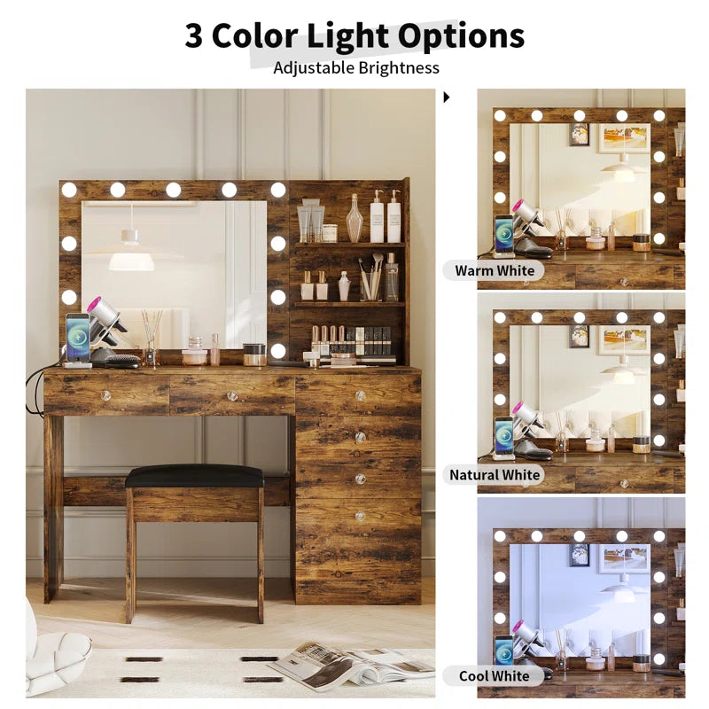 Flaxterate Makeup Vanity with Lighted Mirror Outlets and 6 Drawers