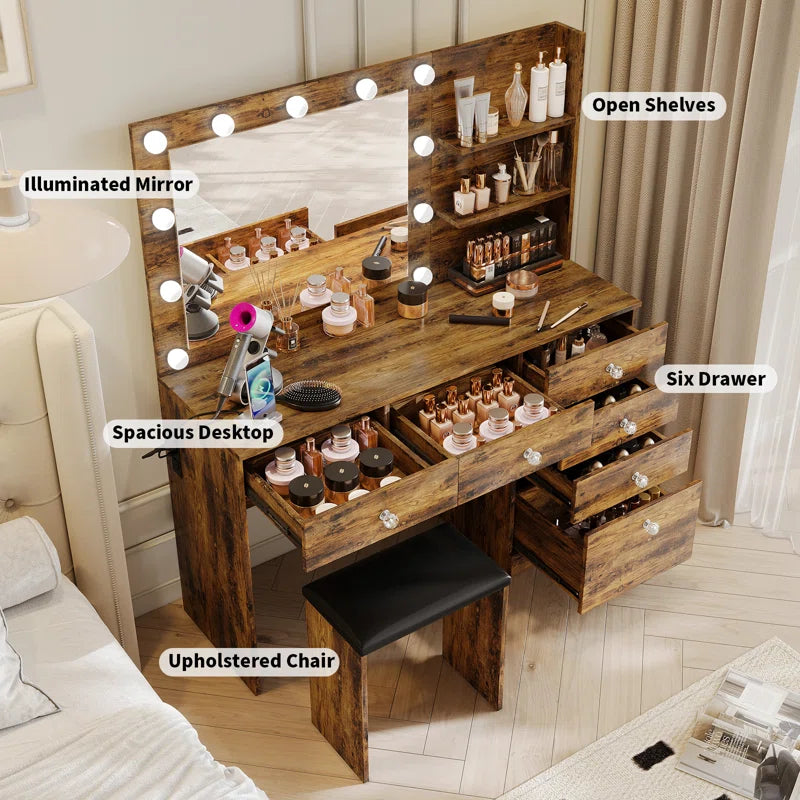 Flaxterate Makeup Vanity with Lighted Mirror Outlets and 6 Drawers