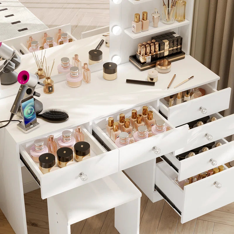 Flaxterate Makeup Vanity with Lighted Mirror Outlets and 6 Drawers